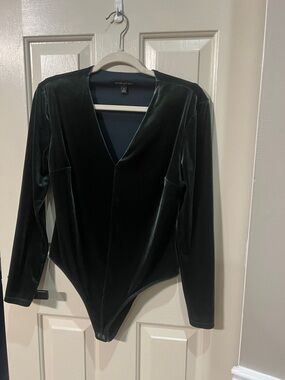 Banana Republic Dark Green Velvet V-Neck Long-Sleeve Bodysuit